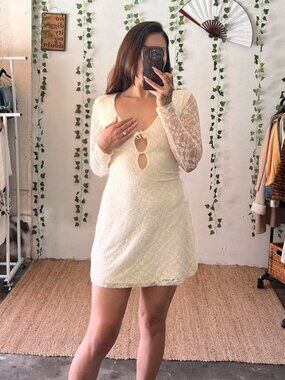 Princess Polly cream colored lace long sleeve dress double keyhole deep v neck